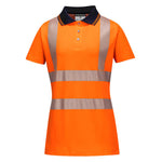 A short-sleeved orange Portwest hi-vis polo shirt with reflective stripes and a collar.