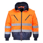 An orange, gray, and black 3-in-1 Contrast Hi-Vis Pilot Jacket with a fur lining at the collar and zip-out sleeves. It has multiple pockets and a detachable collar.