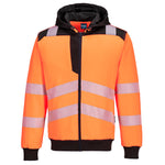 Orange and black PW3 Portwest hi-vis hoodie with reflective stripes and a zip hood.
