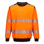 Orange Portwest PW3 Hi-Vis Sweatshirt with reflective stripes and a black crew neck.