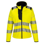 A yellow hi-vis women's softshell jacket with black accents and striped detailing.