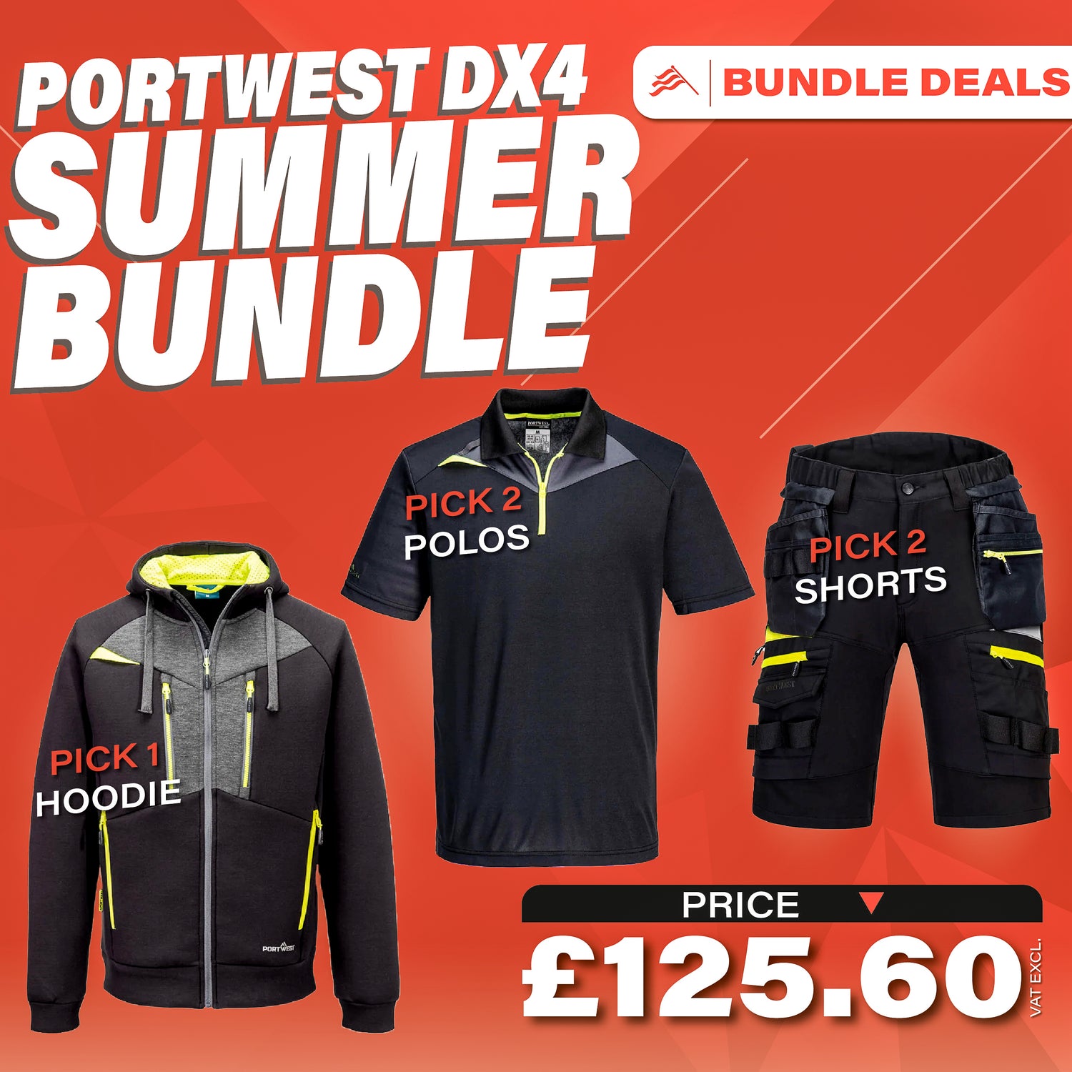 8 item Portwest hi-vis bundle with free logo featuring an orange polo shirt, an orange hoodie, and an orange bomber jacket, all displayed with reflective strips and set on a red background, along with pricing details.