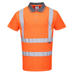 A hi-vis orange Portwest polo shirt with a contrasting grey collar and reflective silver stripes.