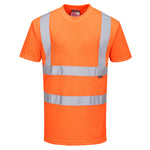 A short-sleeved orange Portwest Hi-Vis T-Shirt with reflective silver stripes on the sleeves and chest.