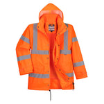 Orange Hi-Vis Breathable Interactive Rain Traffic Jacket with reflective stripes and a detachable hood.