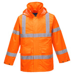 An orange Portwest Hi-Vis Rain Lite Traffic Jacket with reflective silver stripes and a hood, featuring a front zipper with a storm flap, hip pockets, and adjustable cuffs.