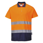 An orange, navy, and gray Portwest Hi-Vis Cotton Comfort Contrast Polo Shirt with a collar and short sleeves.