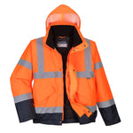 A two-tone orange and navy Portwest branded hi-vis bomber jacket with reflective stripes.