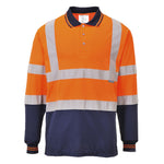 A long sleeve Portwest contrast hi-vis polo shirt with orange and navy colors, featuring reflective stripes.