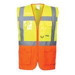 A Portwest - Prague Hi-Vis Executive Vest featuring upper body high visibility in orange and yellow with reflective stripes, multiple pockets, and a clear ID pocket.