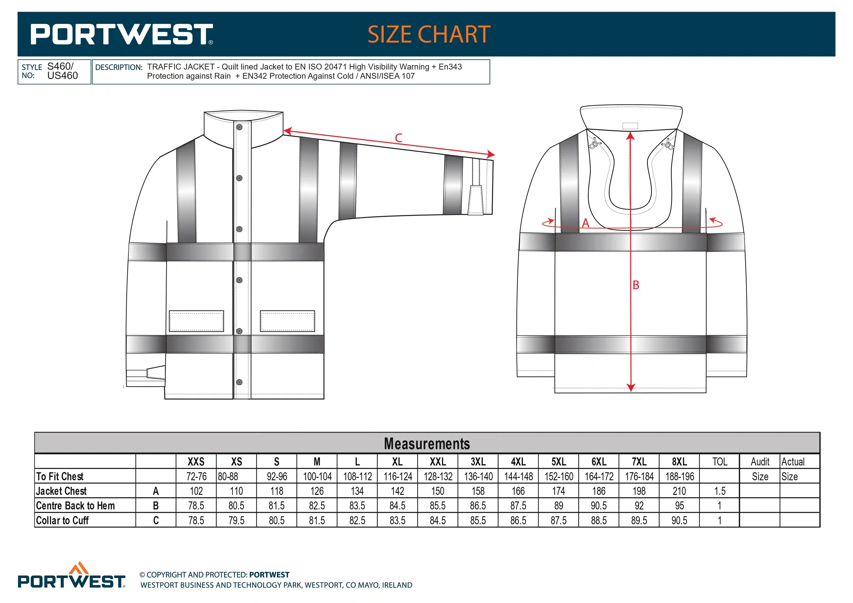 Portwest size chart for the S460 high-visibility traffic jacket with measurements and fitting guide.