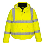 A Portwest high-visibility winter bomber jacket in yellow with reflective silver stripes, featuring a hood, multiple pockets, and a fleece-lined collar.