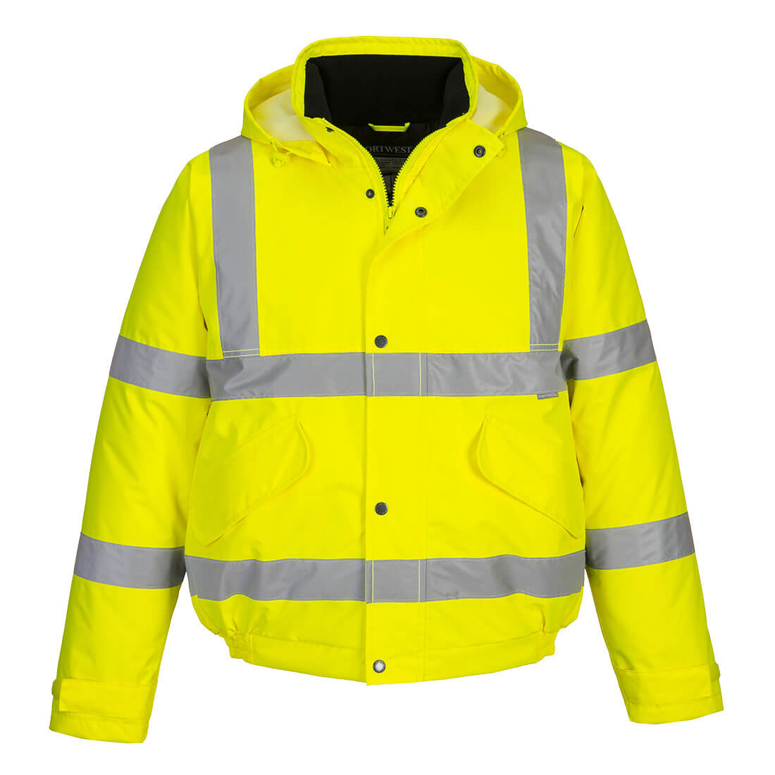 A Portwest high-visibility winter bomber jacket in yellow with reflective silver stripes, featuring a hood, multiple pockets, and a fleece-lined collar.