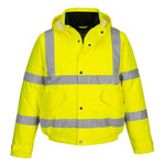 A Portwest high-visibility winter bomber jacket in yellow with reflective silver stripes, featuring a hood, multiple pockets, and a fleece-lined collar.