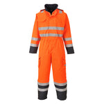 Orange high-visibility coverall with black reflective stripes, featuring a detachable hood, multiple pockets, and a full front stormflap with touch and grip fastening.