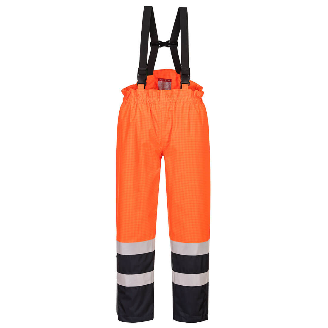 Orange high visibility Flame Resistant work trousers with reflective black stripes, featuring suspenders with quick release buckles.