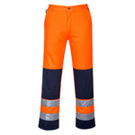 A pair of orange high-visibility work trousers with contrasting black and white stripes and a relaxed elasticated waistband.