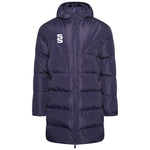 A navy long padded jacket with a hood, featuring a zippered front and a Stuart Surridge logo on the upper left side.
