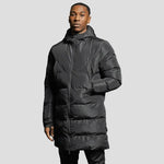 model wearing a long padded bench coat