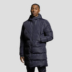 Model wearing a Navy blue Padded Bench Coat