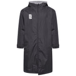 A black fleece robe jacket with a hood, featuring a zippered front and a distinctive white 'SS' logo on the chest.