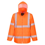 Orange Portwest Hi Vis Rain Jacket with a hood, featuring reflective stripes and a front zipper.
