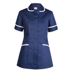 Navy blue nurse uniform with white accents on a white background