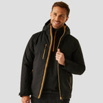 Model wearing the RG443 Regatta Navigate Waterproof Insulated Jacket in Black / Orange Pop