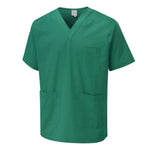 A green medical scrub top with a V-neck line and two patch pockets on the lower front.