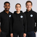 Three people wearing black shirts and jackets with customizable logos on a gray background