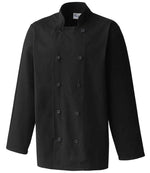 A Premier Long Sleeve Chef's Jacket with a ten-button wrap over closure.