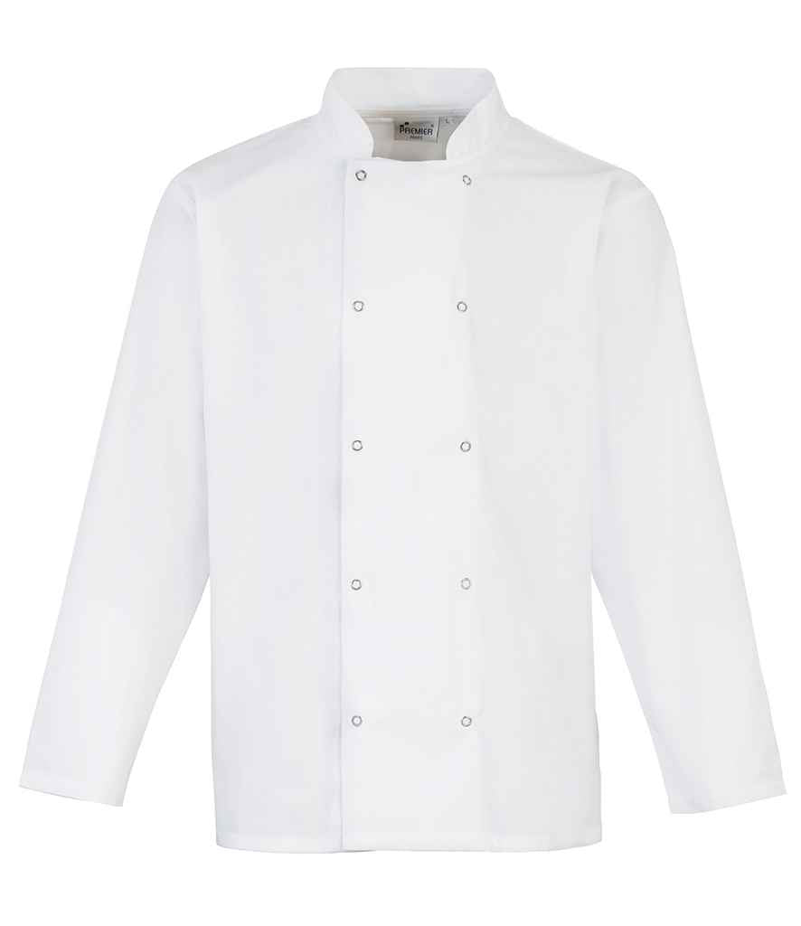 Premier Unisex Long Sleeve Stud Front Chef's Jacket in white