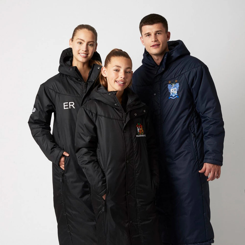 Three models wearing the Chadwick Textiles Touchline Coat 827 with custom logos and initials.