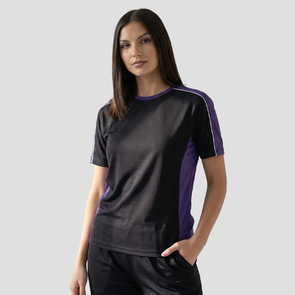 Model wearing the 1008 Avocet Wicking Shirt in Black / Purple