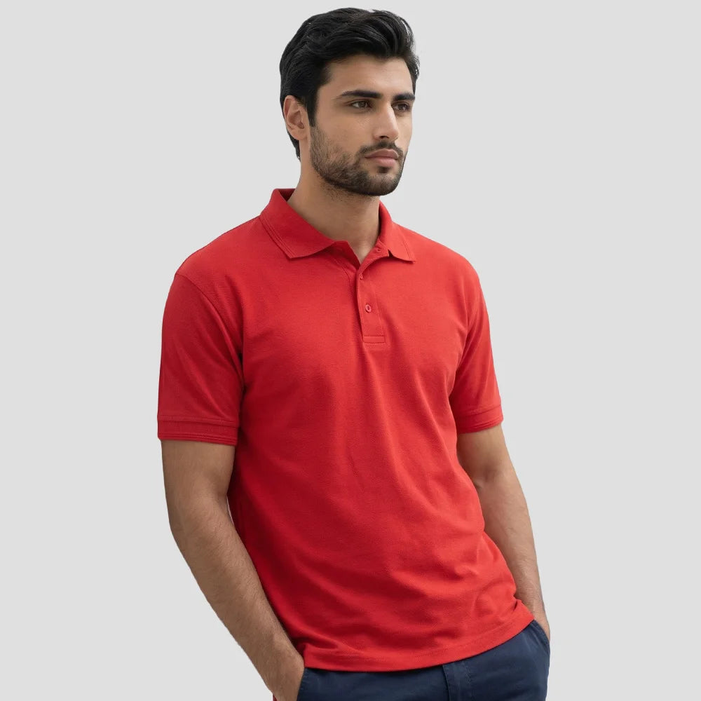 Model wearing the Orn Eagle Polo Shirt 1150 in Red