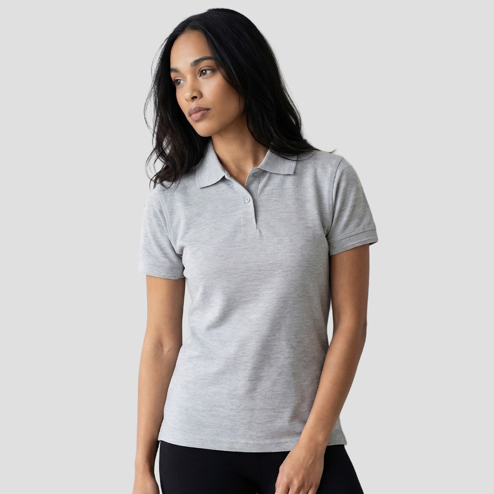 Model wearing the Orn Ladies Eagle Polo Shirt 1160 in Ash Grey