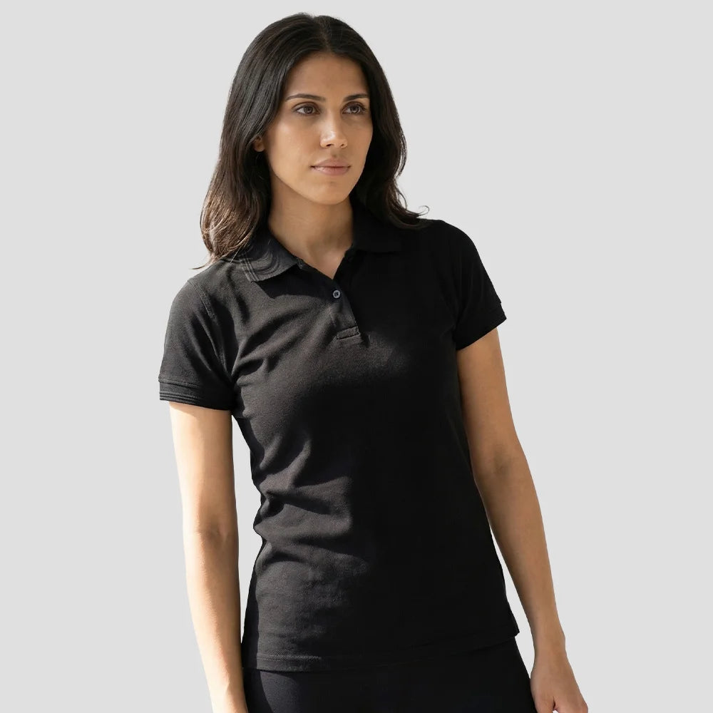 Model wearing the Orn Ladies Eagle Polo Shirt 1160 in  Black