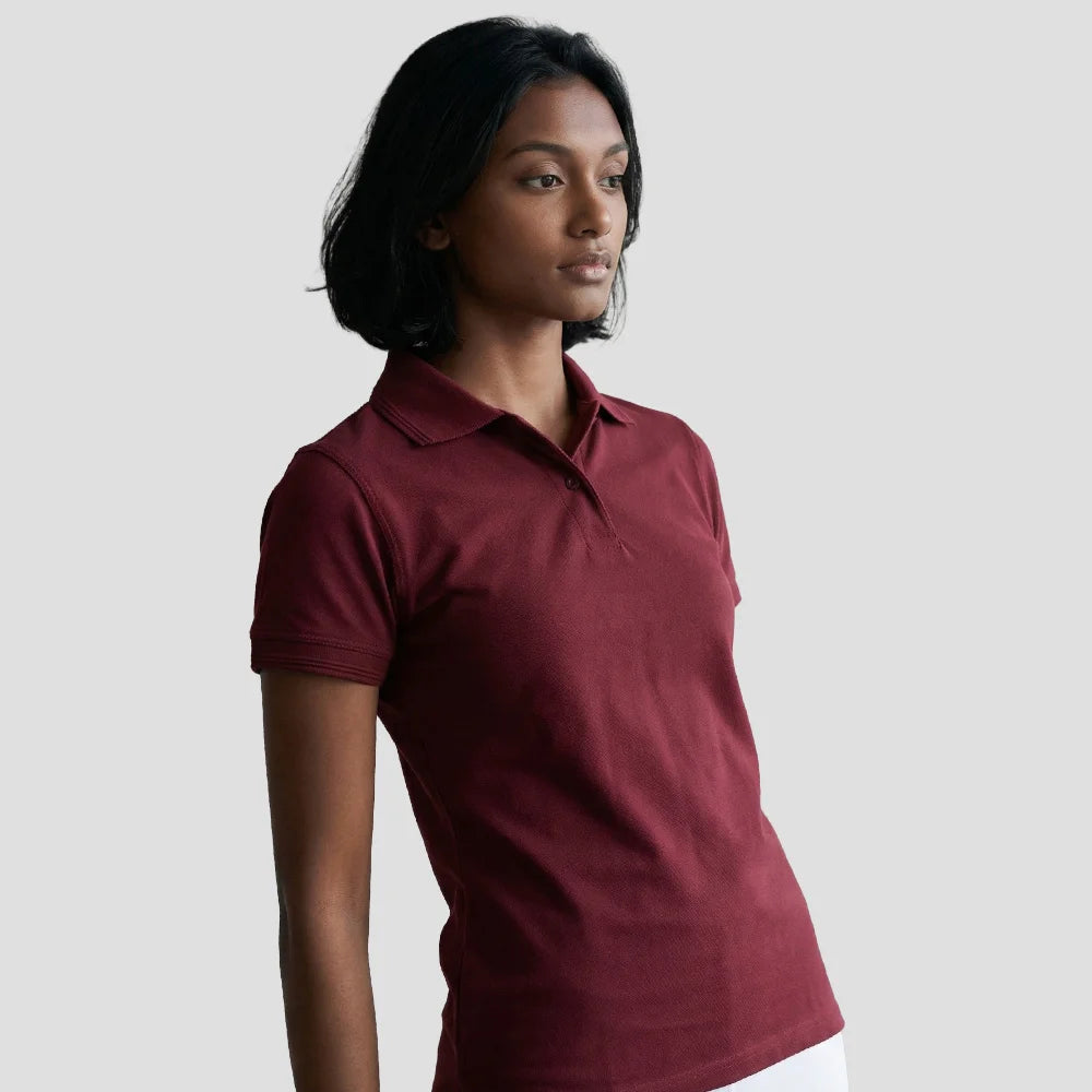 Model wearing the Orn Ladies Eagle Polo Shirt 1160 in Burgundy