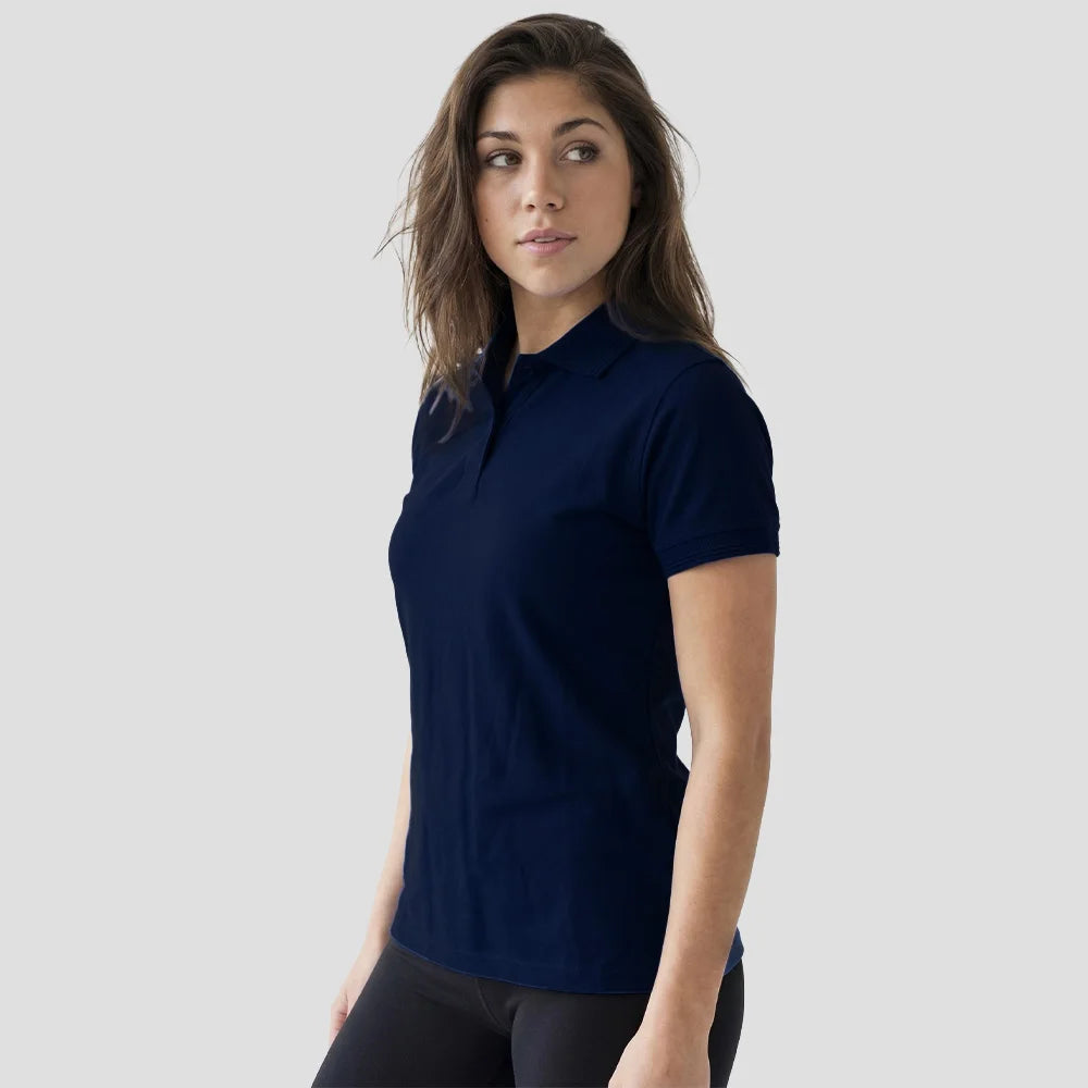 Model wearing the Orn Ladies Eagle Polo Shirt 1160 in Navy