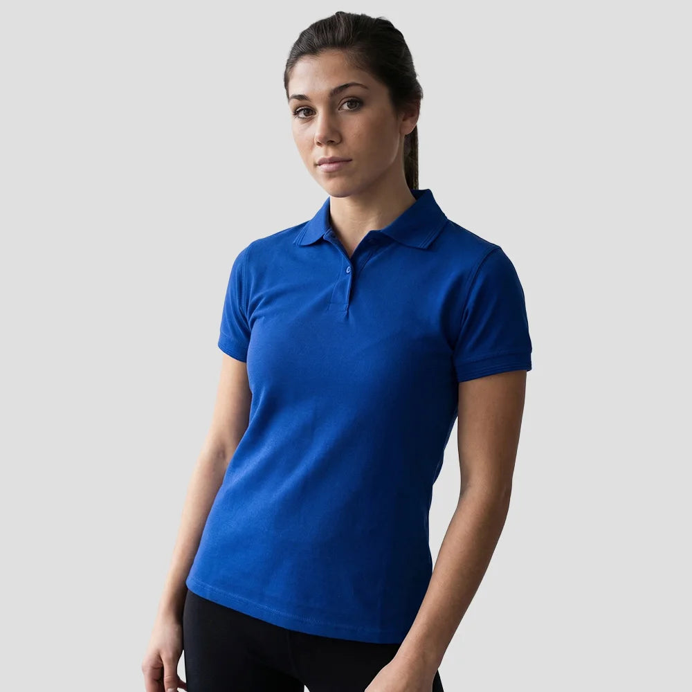 Model wearing the Orn Ladies Eagle Polo Shirt 1160 in Royal Blue