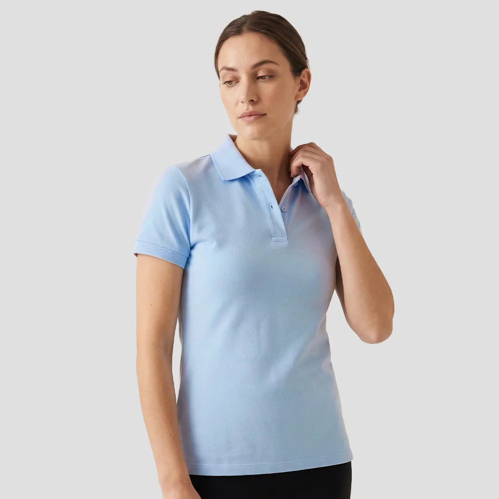 Model wearing the Orn Ladies Eagle Polo Shirt 1160 in Sky Blue