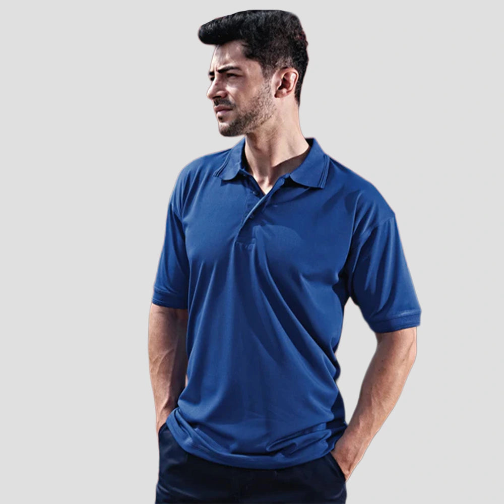 Model wearing the Orn Oriole Wicking Polo Shirt 1190 in Royal Blue