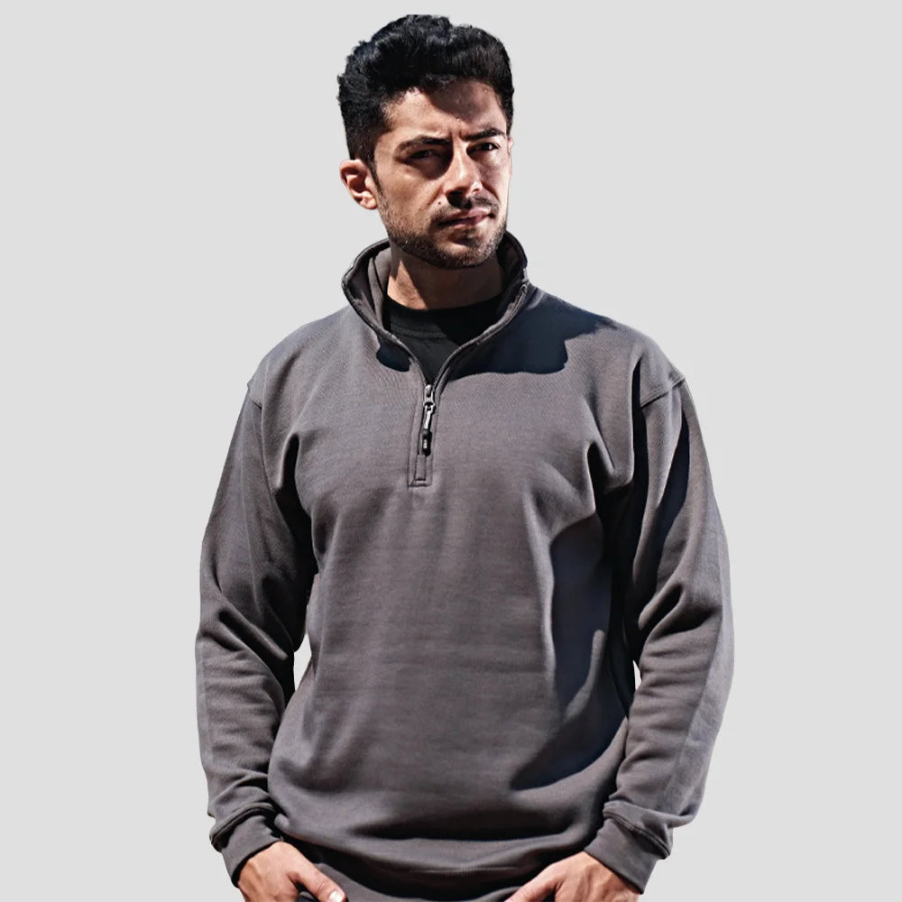 Model wearing the Orn Grouse Quarter Zip Sweatshirt 1270 in Graphite Grey