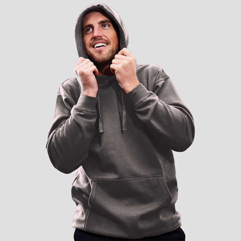 Model wearing the Orn Owl Hoodie 1280 in Graphite Grey