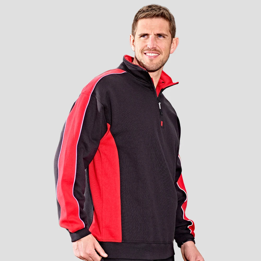 Model wearing the Orn Avocet Quarter Zip Sweatshirt 1288 in Black / Red