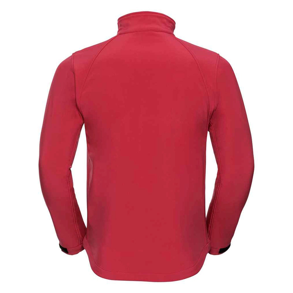 A back view of a red Russell Soft Shell Jacket