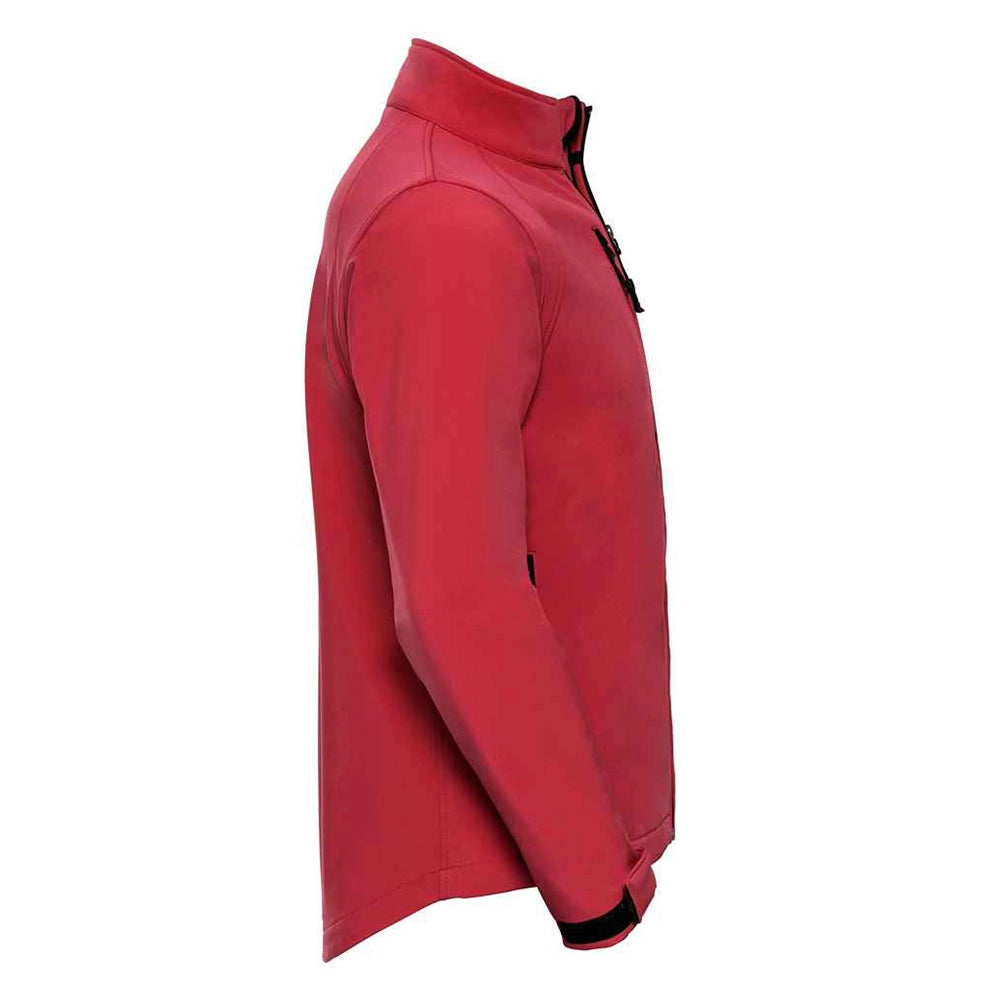 A side view of a red Russell Soft Shell Jacket