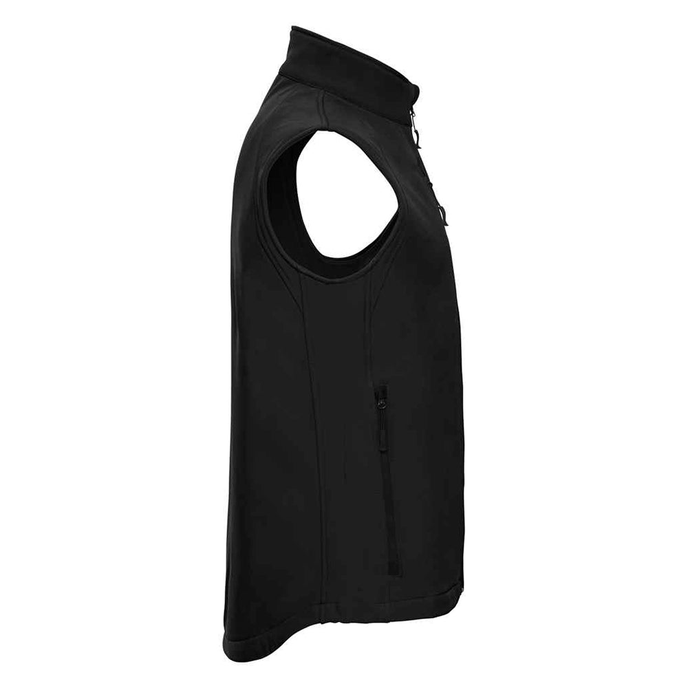Side view of a black Russell Soft Shell Gilet