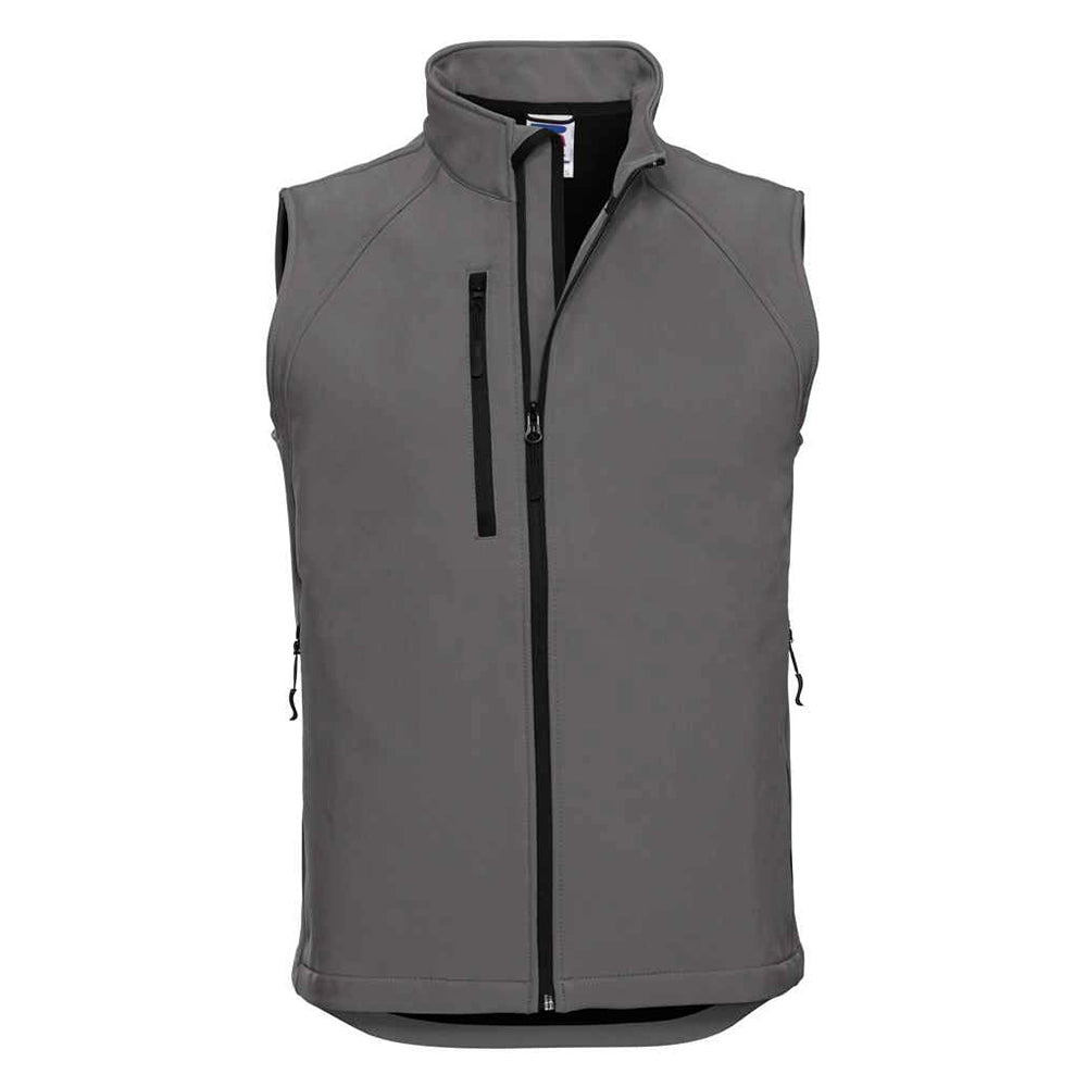 Front view of titanium Russell Soft Shell Gilet