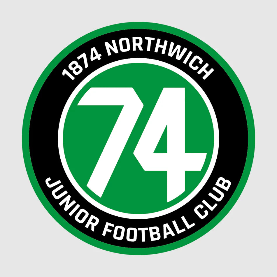 1874 Northwich Junior Football Club logo, a green and black circular badge featuring the number 74, used on Northwich Juniors FC kits, merchandise and official teamwear at the Northwich Juniors club shop, supplied by Buccaneer Group.